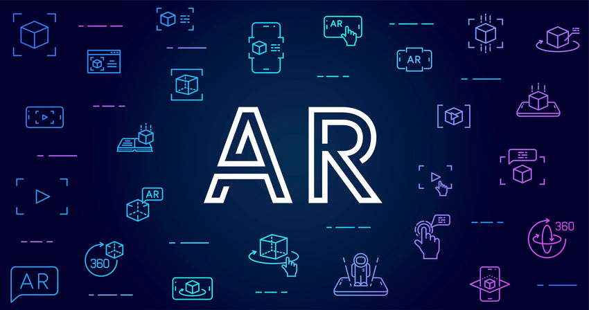 The letters "AR" surrounded by graphics and logos relating to augmented reality, which works very well with LED Digital Displays and LED Video Walls.