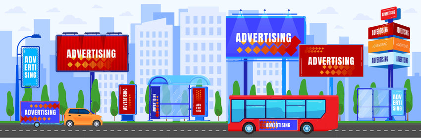 Graphic depicting multiple billboards, showing advertising spaces available on a street.